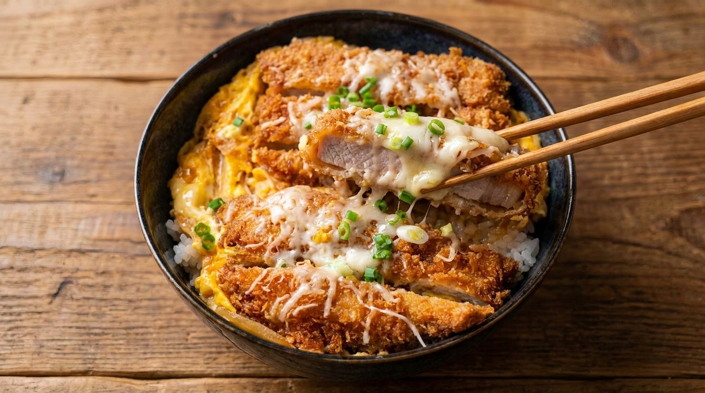 Bol de riz au porc frit, œuf brouillé et fromage (Katsudon)