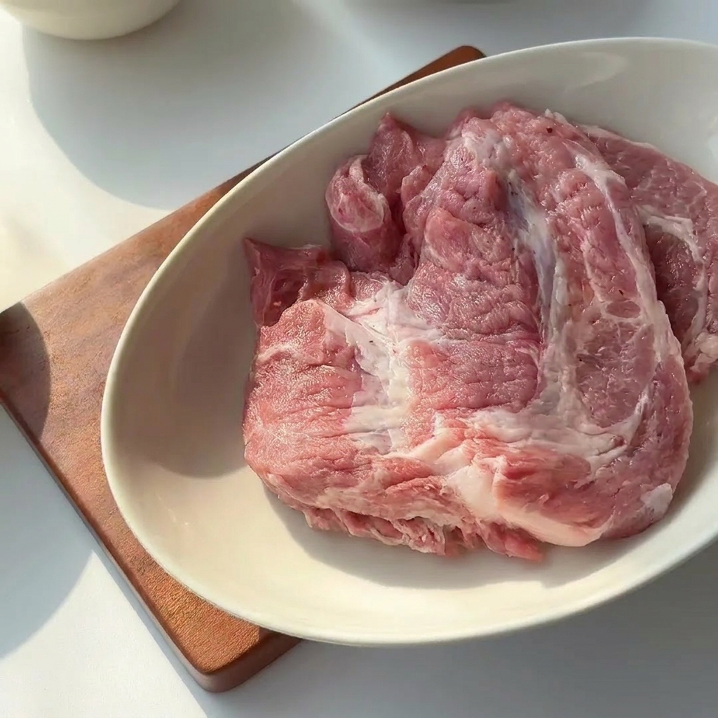 Une côte de porc crue dans un bol blanc enrobée dassaisonnements liquides et de fécule blanche.