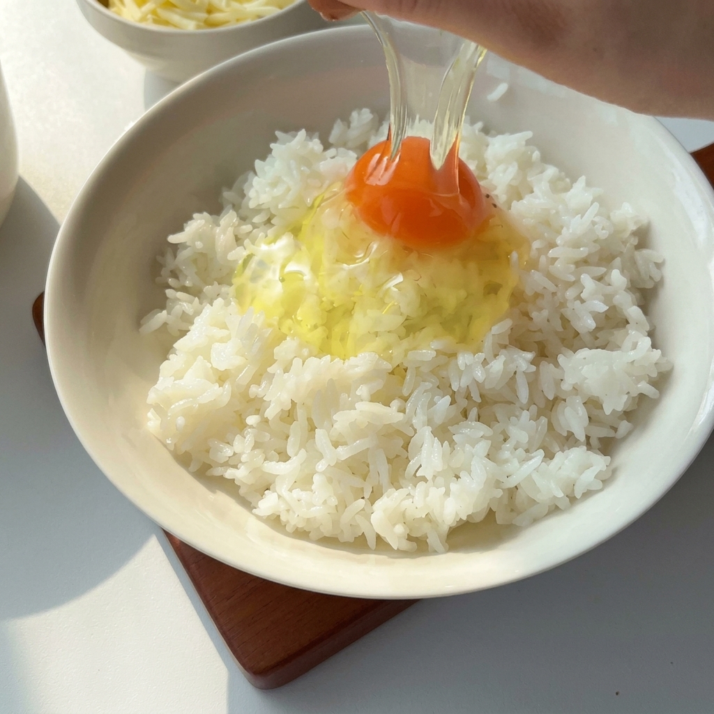 Un œuf cru versé sur un bol de riz blanc cuit.