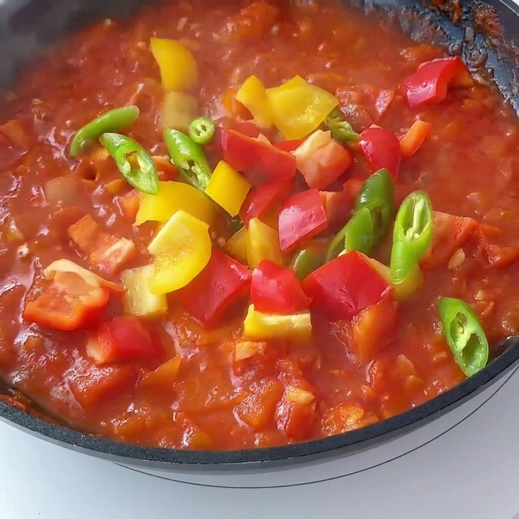 Dés de poivrons colorés ajoutés à la sauce tomate frémissante dans une poêle.