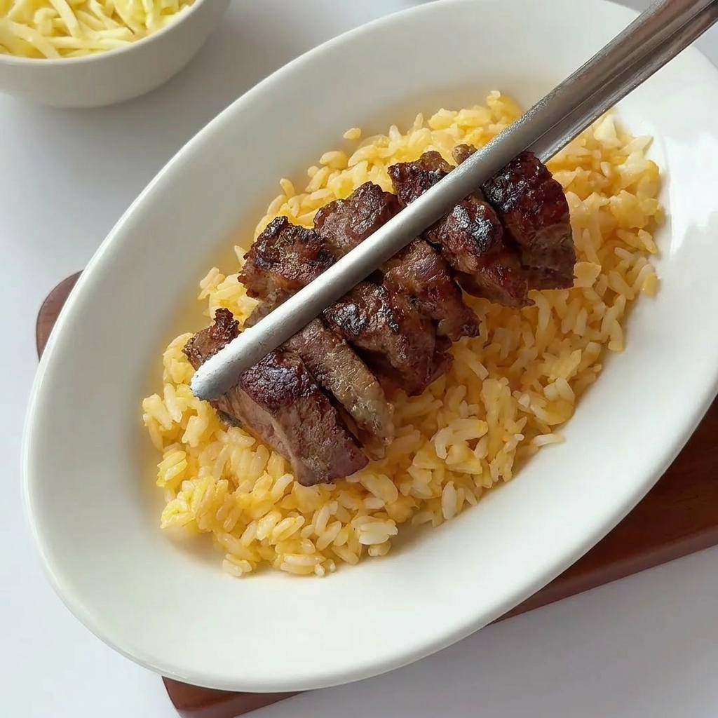 Côte de porc poêlée placée sur un lit de riz, prête à être recouverte de sauce.