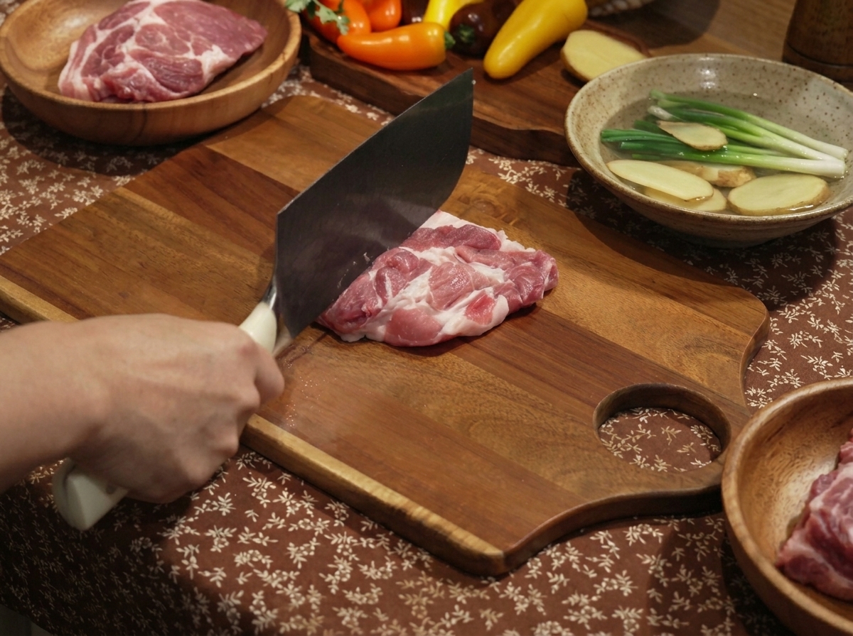 Une côtelette de porc assaisonnée de sauce soja, sauce huître, sucre, sel et poivre sur une planche en bois.