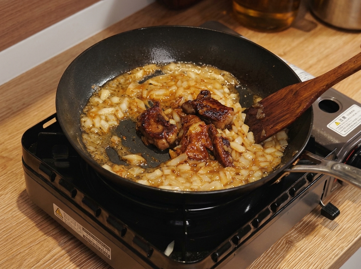 Gros plan sur une cuillère en bois remuant une sauce au curry épaisse dans une poêle, avec du chocolat fondu et du lait.