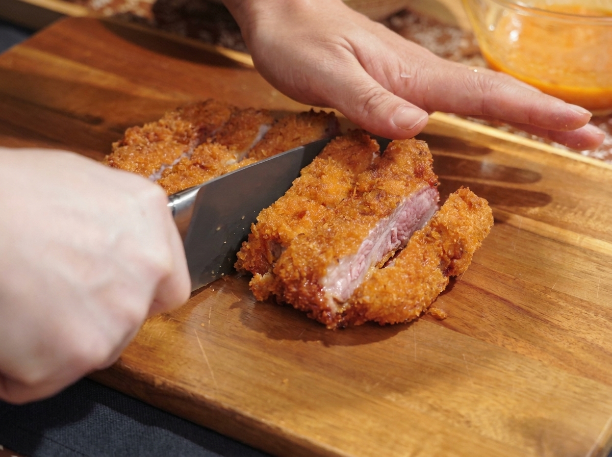 Une côtelette de porc frite et croustillante découpée en lanières régulières sur une planche en bois à laide dun couteau bien aiguisé.