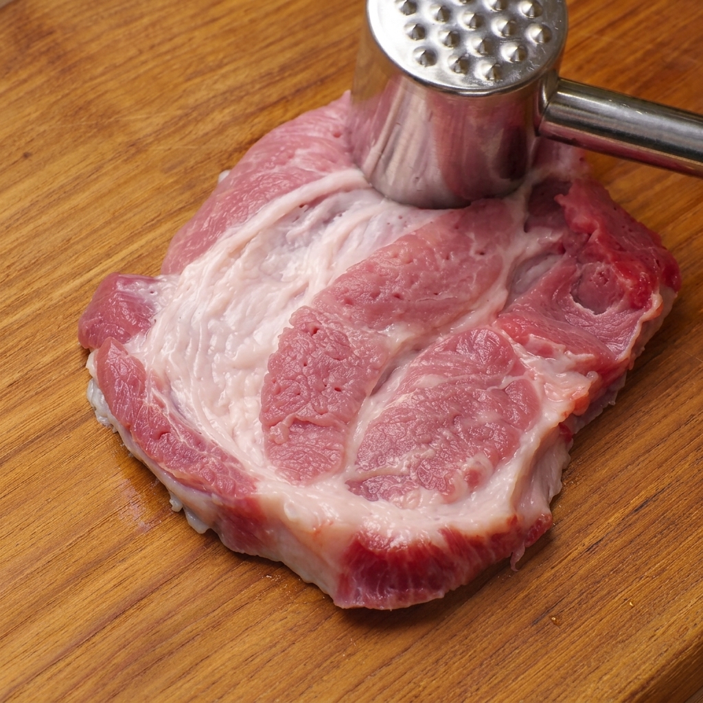Un maillet à viande argenté texturé martelant un morceau dépaule de porc cru sur une planche à découper en bois.