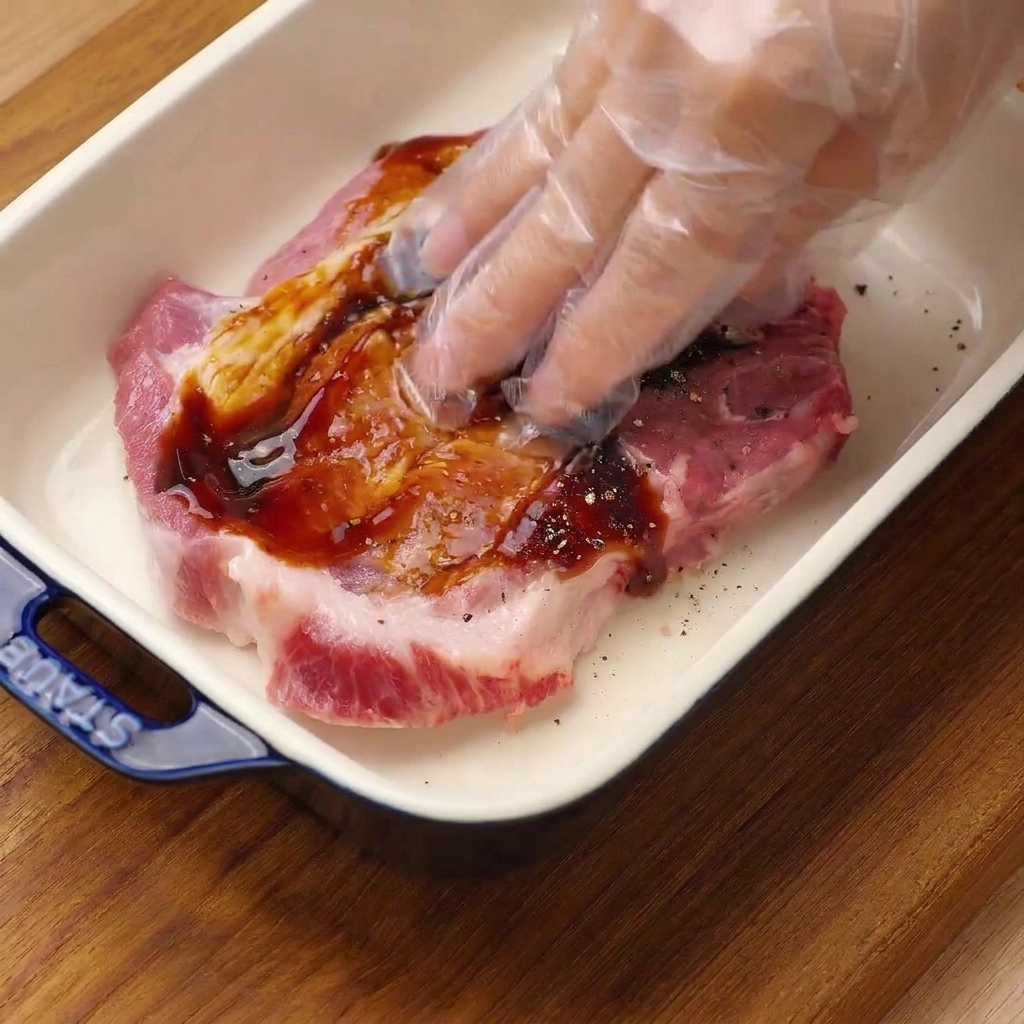 Une main gantée frottant de la sauce huître foncée, du sel et du poivre noir sur une côtelette de porc crue dans un plat en céramique blanche.
