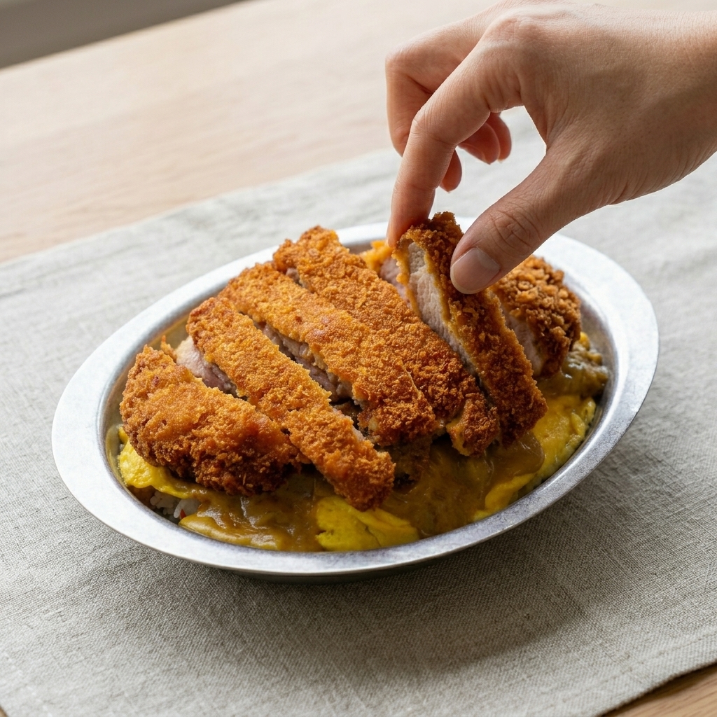 Une côtelette de porc frite et coupée en tranches disposée sur un bol de riz recouvert de curry et dœuf.