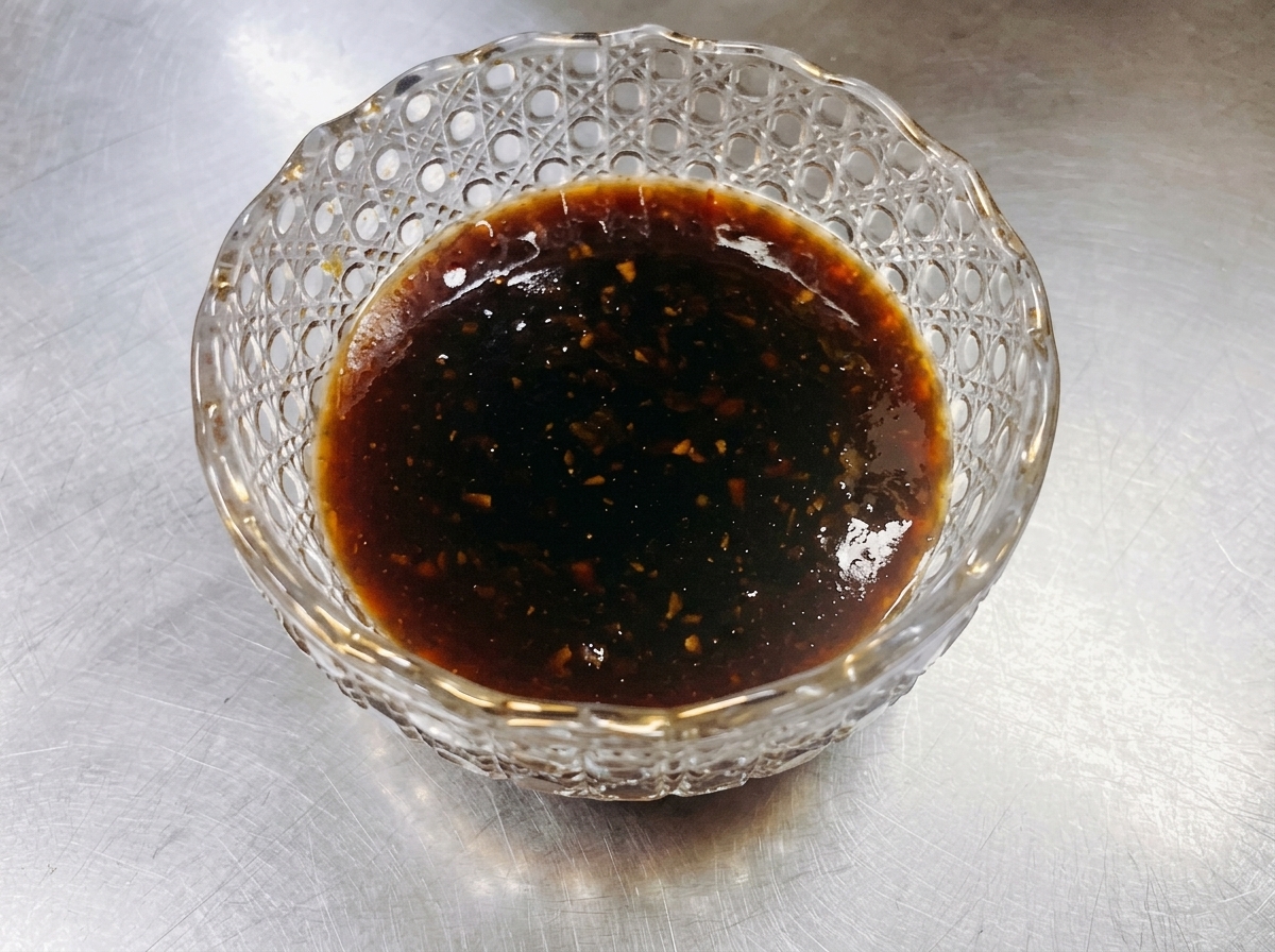 Des tranches de bœuf gras mijotant dans une poêle alors quune sauce teriyaki sombre et brillante est versée dessus.