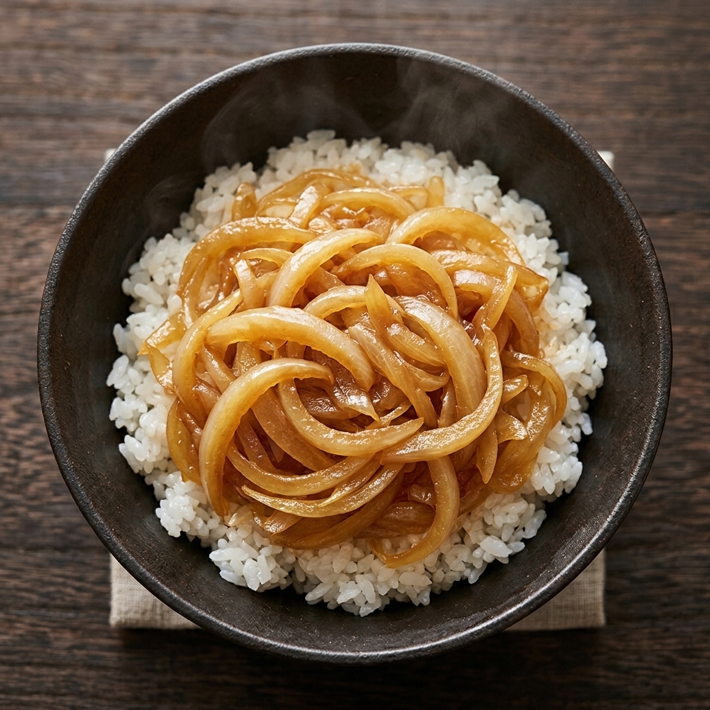 Un bol de riz blanc surmonté dune épaisse couche doignons fondants et caramélisés.
