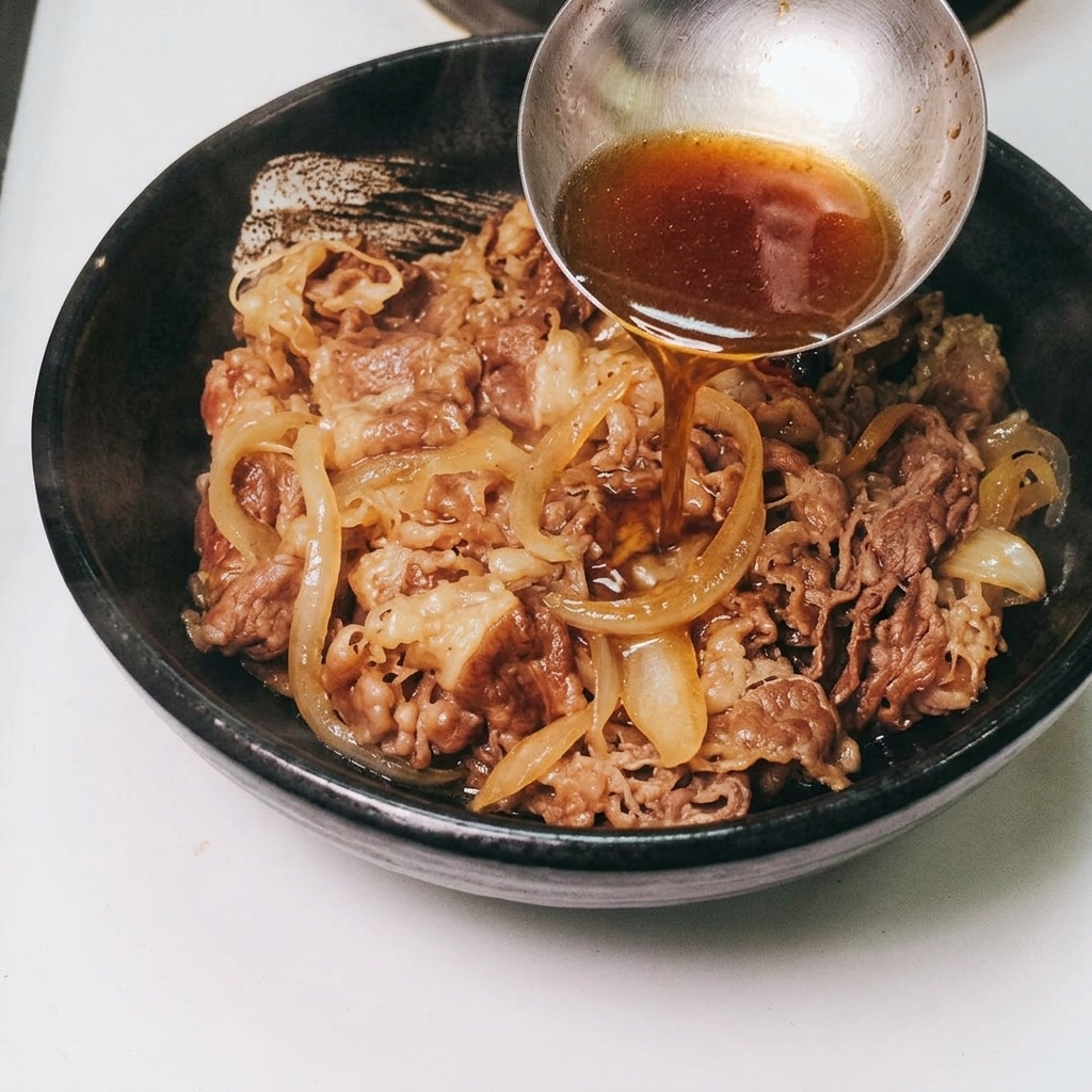 Une louche en métal versant une sauce de cuisson riche et sombre sur un bol de bœuf et doignons.