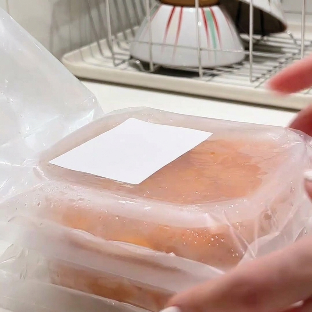 Mains ouvrant lemballage en plastique dun récipient rempli doursin orange frais.