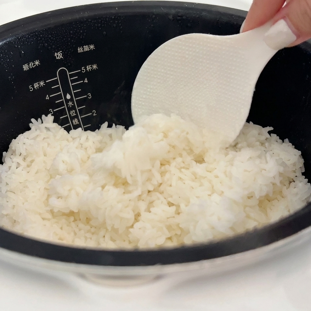 Une spatule à riz en plastique blanc prélevant du riz blanc chaud et moelleux dun cuiseur à riz sombre.