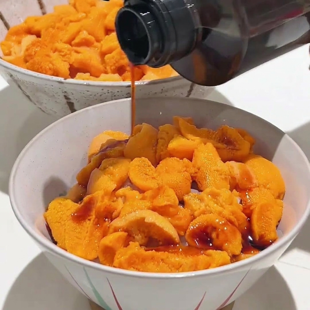 Sauce soja versée dune bouteille sur un bol rempli doursin frais et orange vif.