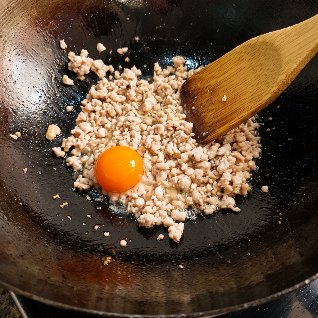 Jaune dœuf salé écrasé dans le wok avec la viande.