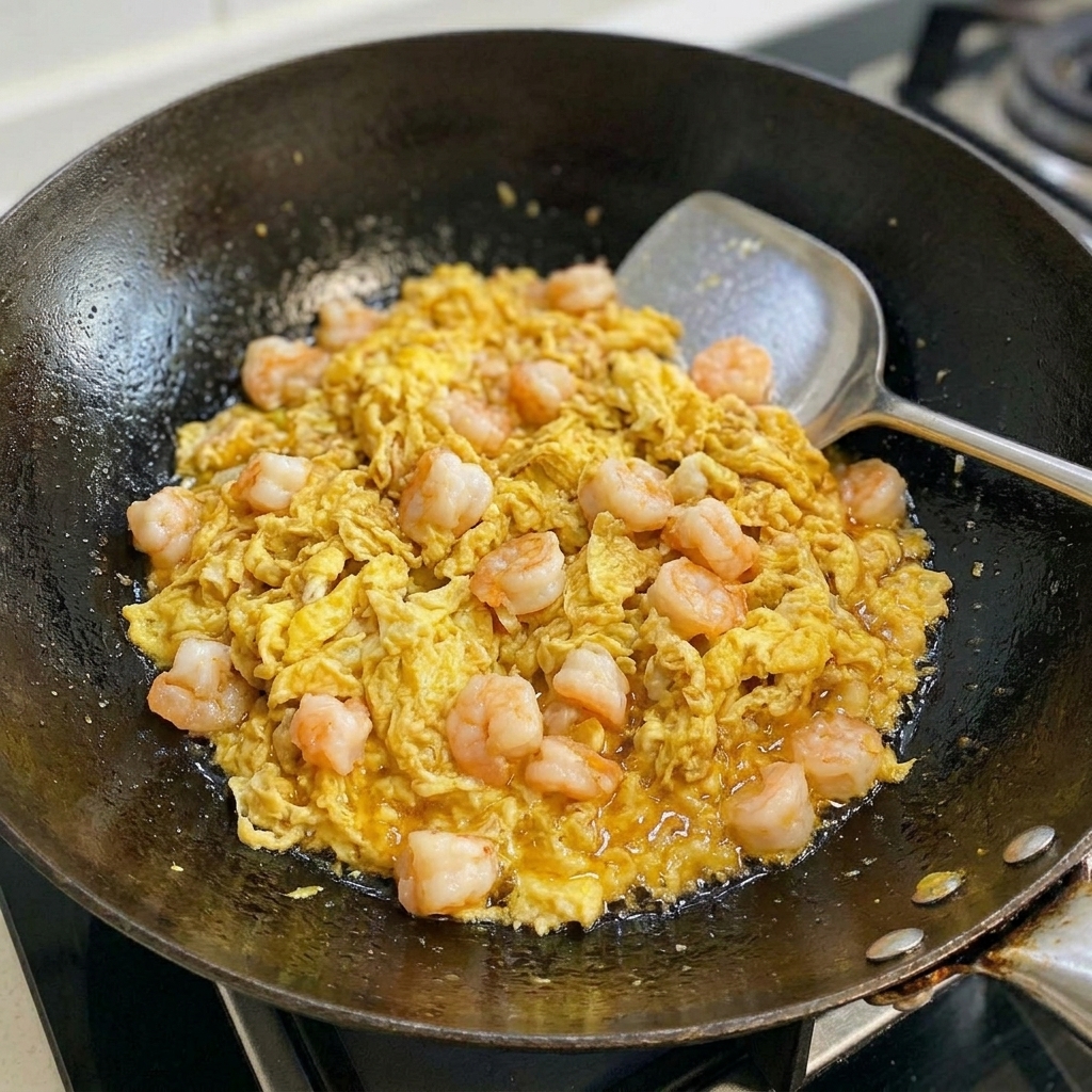 Crevettes ajoutées au mélange de viande et dœuf dans le wok.