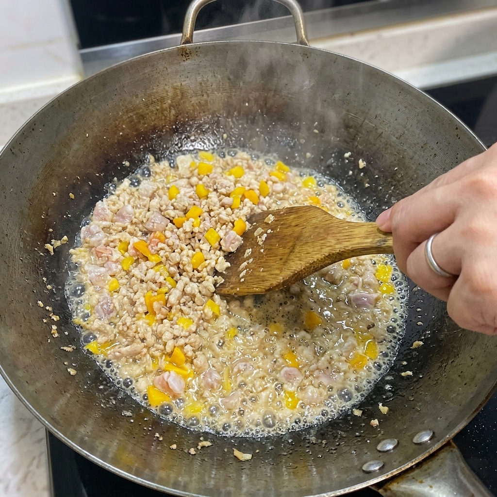 Gingembre, ail et blanc de ciboule sautés avec le mélange.
