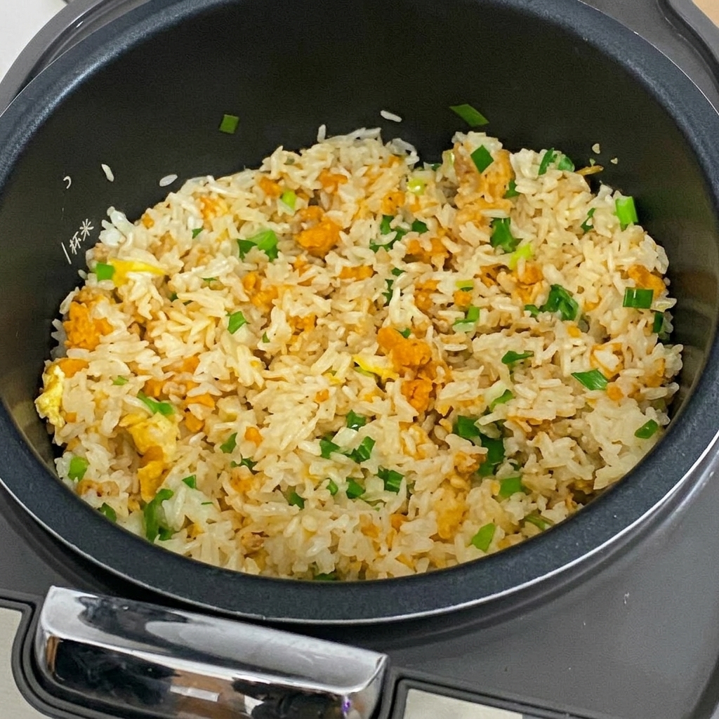 Riz à loursin bien mélangé dans le cuiseur.