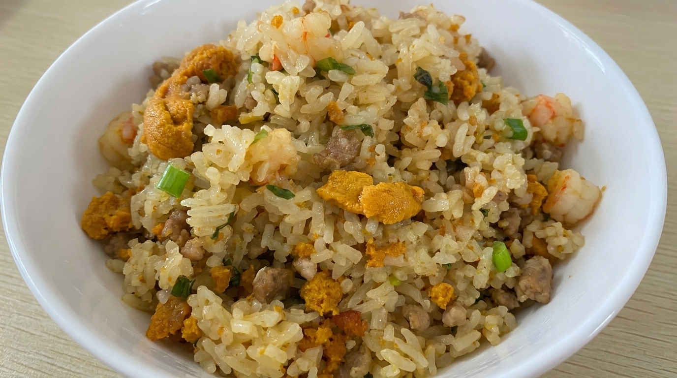 Un bol de riz doré à loursin accompagné de viande hachée, de crevettes et de ciboule fraîche.