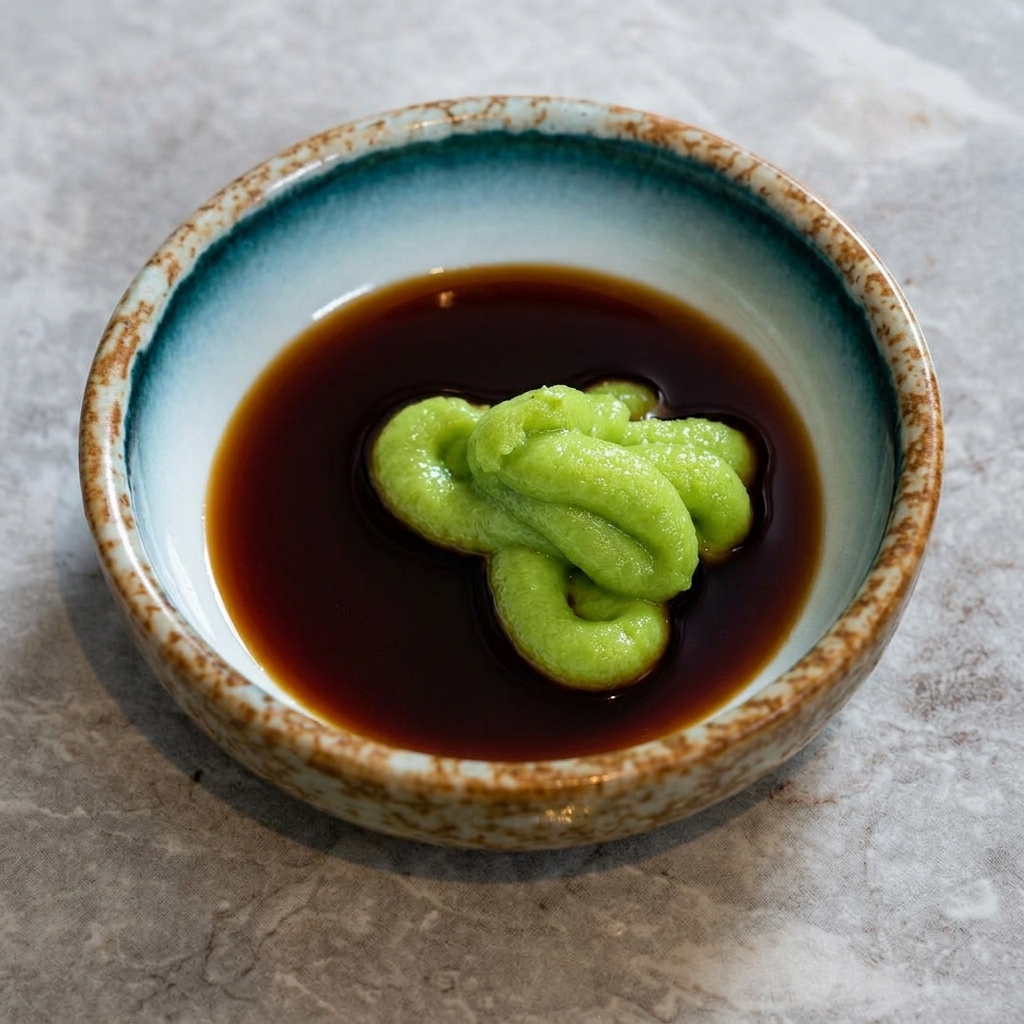 Sauce soja noire versée sur une pointe de wasabi dans un petit ramequin.