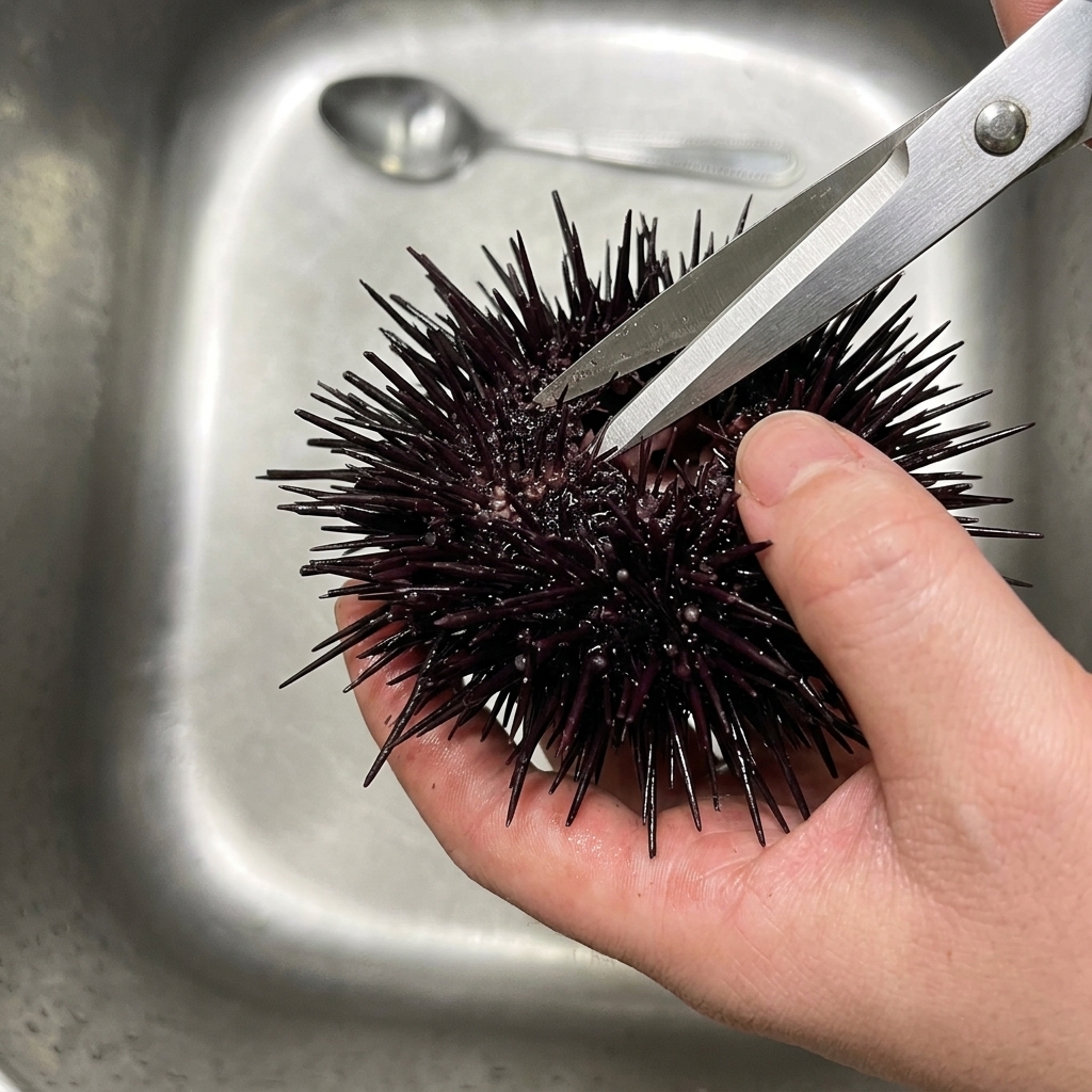 Une personne utilise des ciseaux de cuisine pour couper la coquille épineuse dun oursin noir.