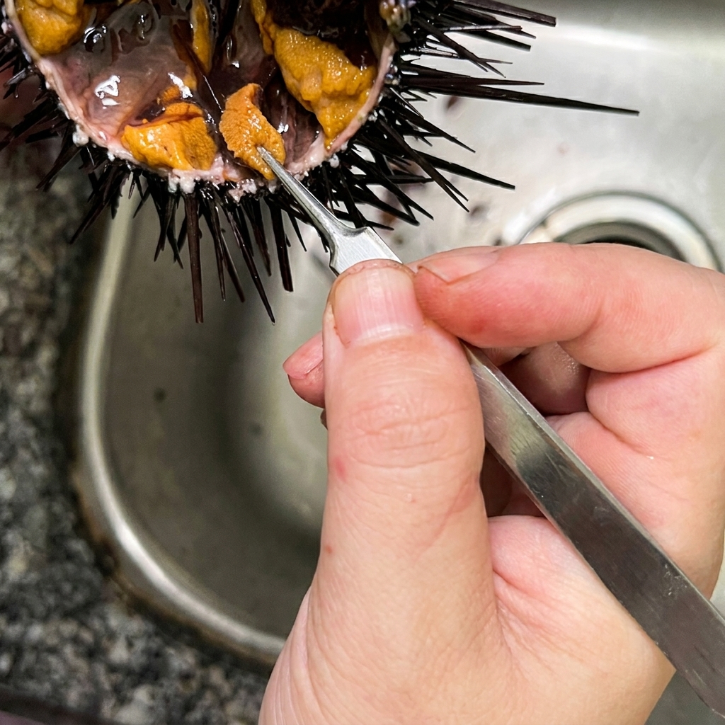Une pince retire délicatement les impuretés sombres des segments duni orange dans la coquille.