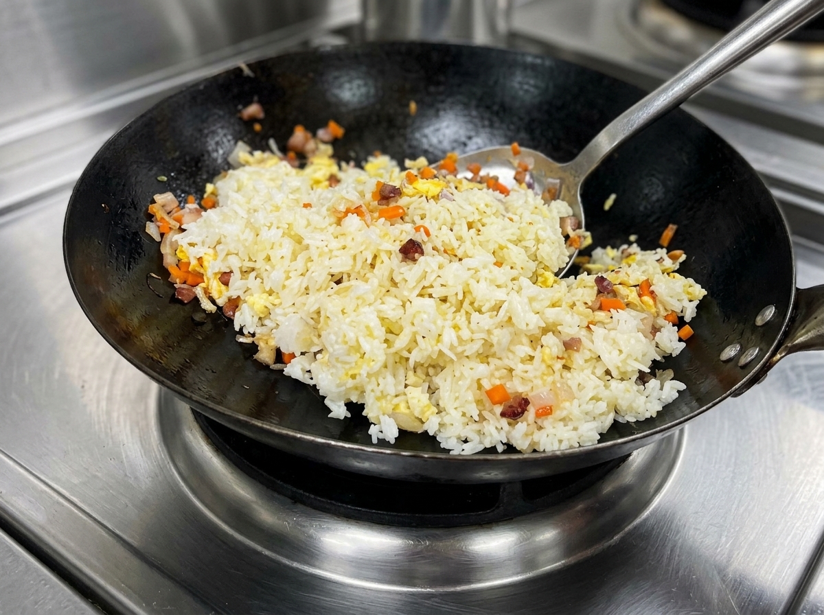 Le riz est vigoureusement sauté dans le wok.