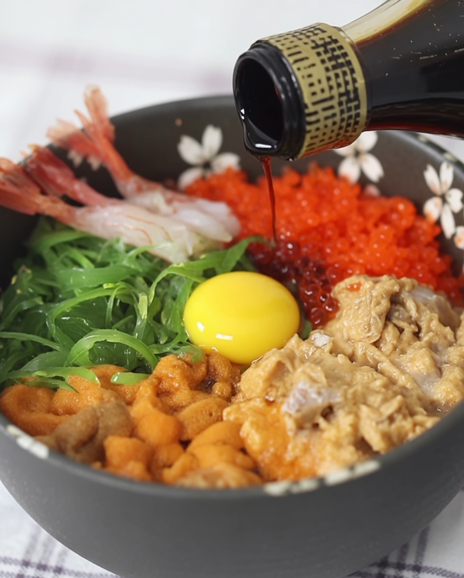 De la sauce soja foncée est versée depuis une bouteille sur un bol de riz aux fruits de mer coloré et terminé.