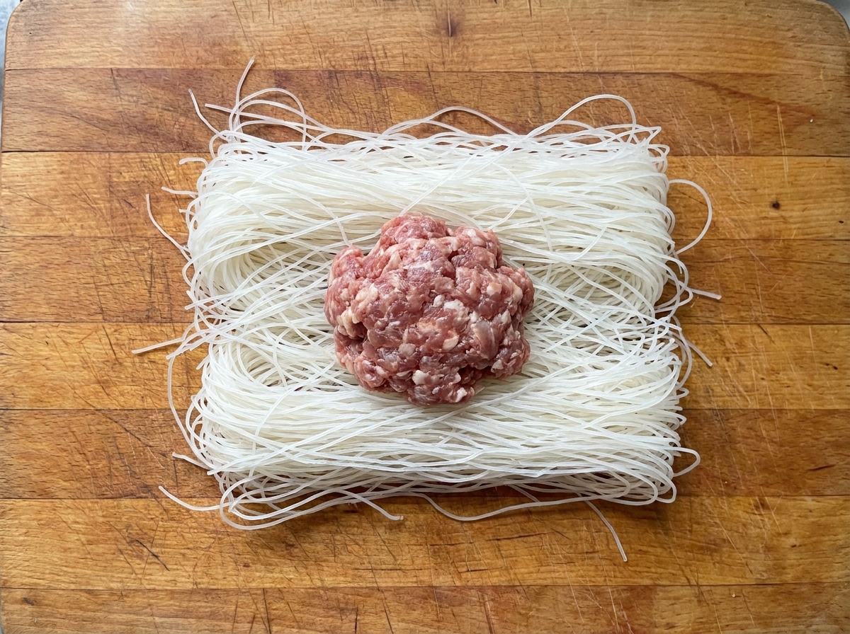 Portion de farce de bœuf placée au centre de la pâte.