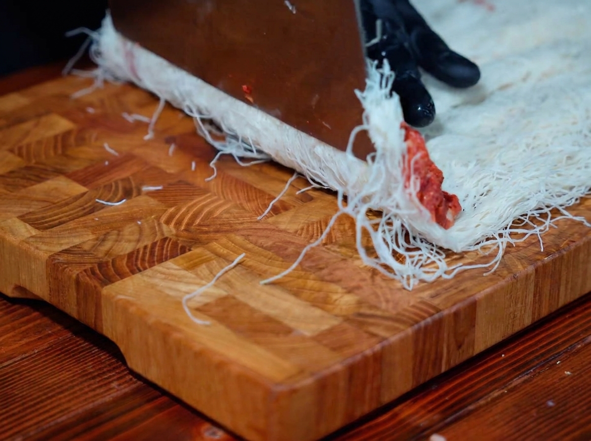 Pâte repliée autour du bœuf pour former un rouleau.