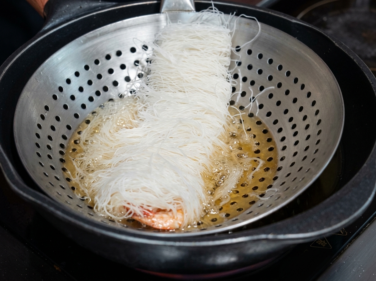 Le rouleau de bœuf plongé dans lhuile chaude.