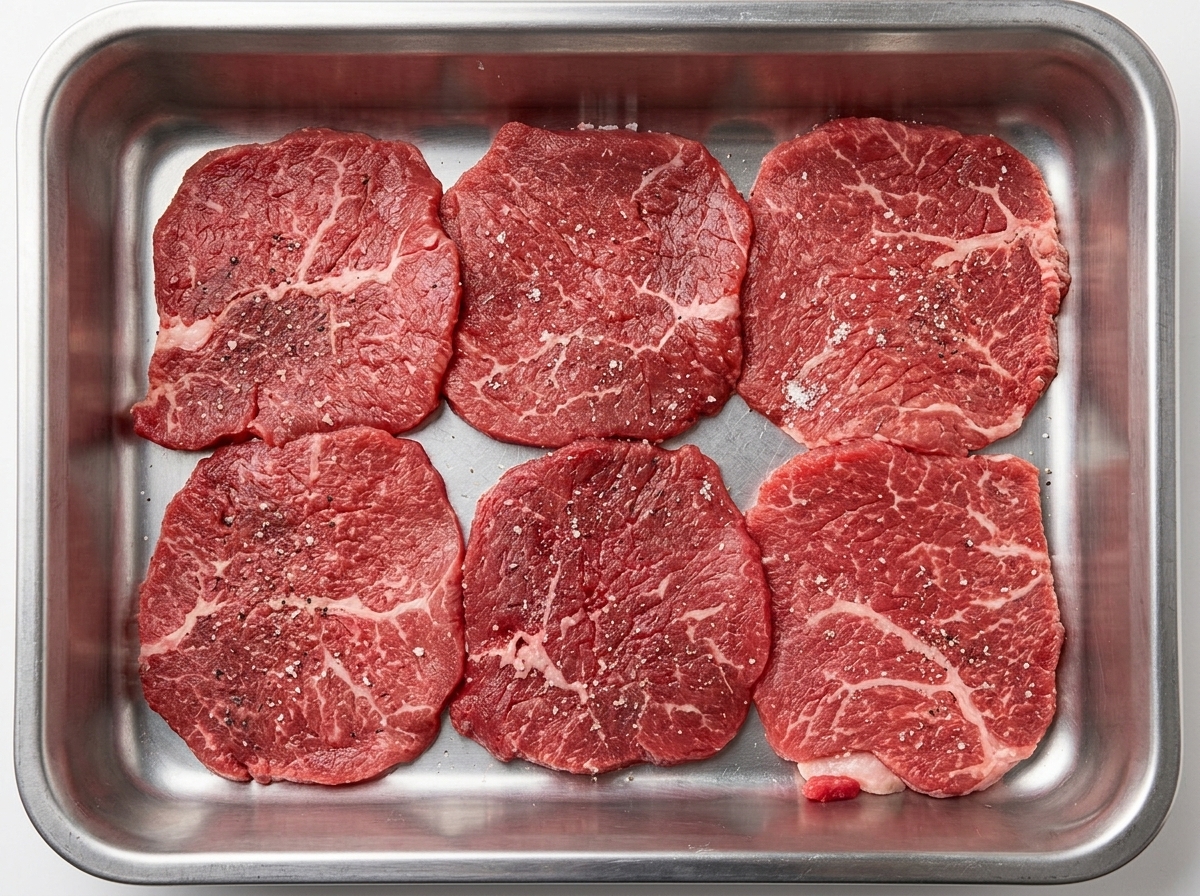 Tranches de bœuf crues disposées sur une plaque en métal, légèrement assaisonnées de sel et de poivre noir fraîchement moulu.
