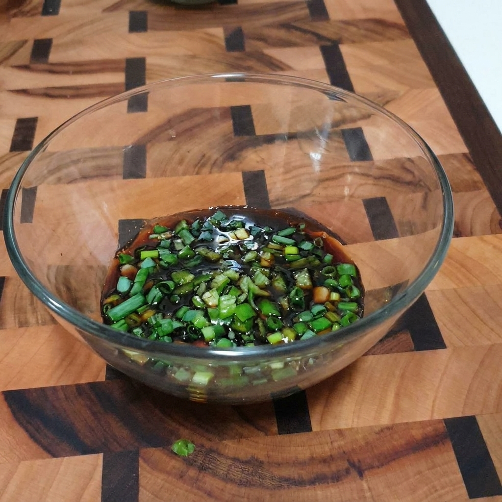 Un bol en verre transparent contenant une sauce à base de soja avec des oignons verts visibles, des piments hachés et des graines de sésame.