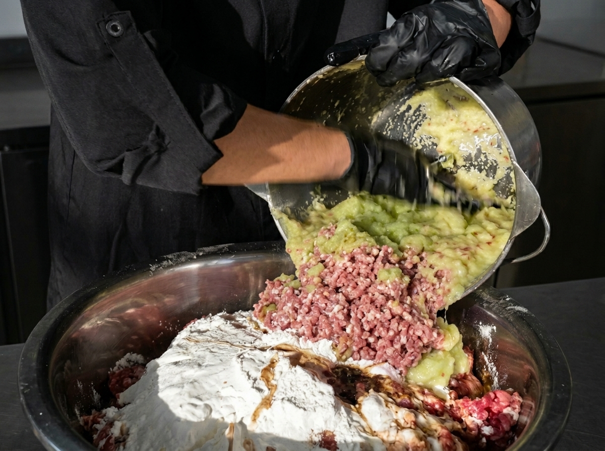 Purée de fruits et légumes versée depuis un bol de robot sur la viande hachée et la fécule.