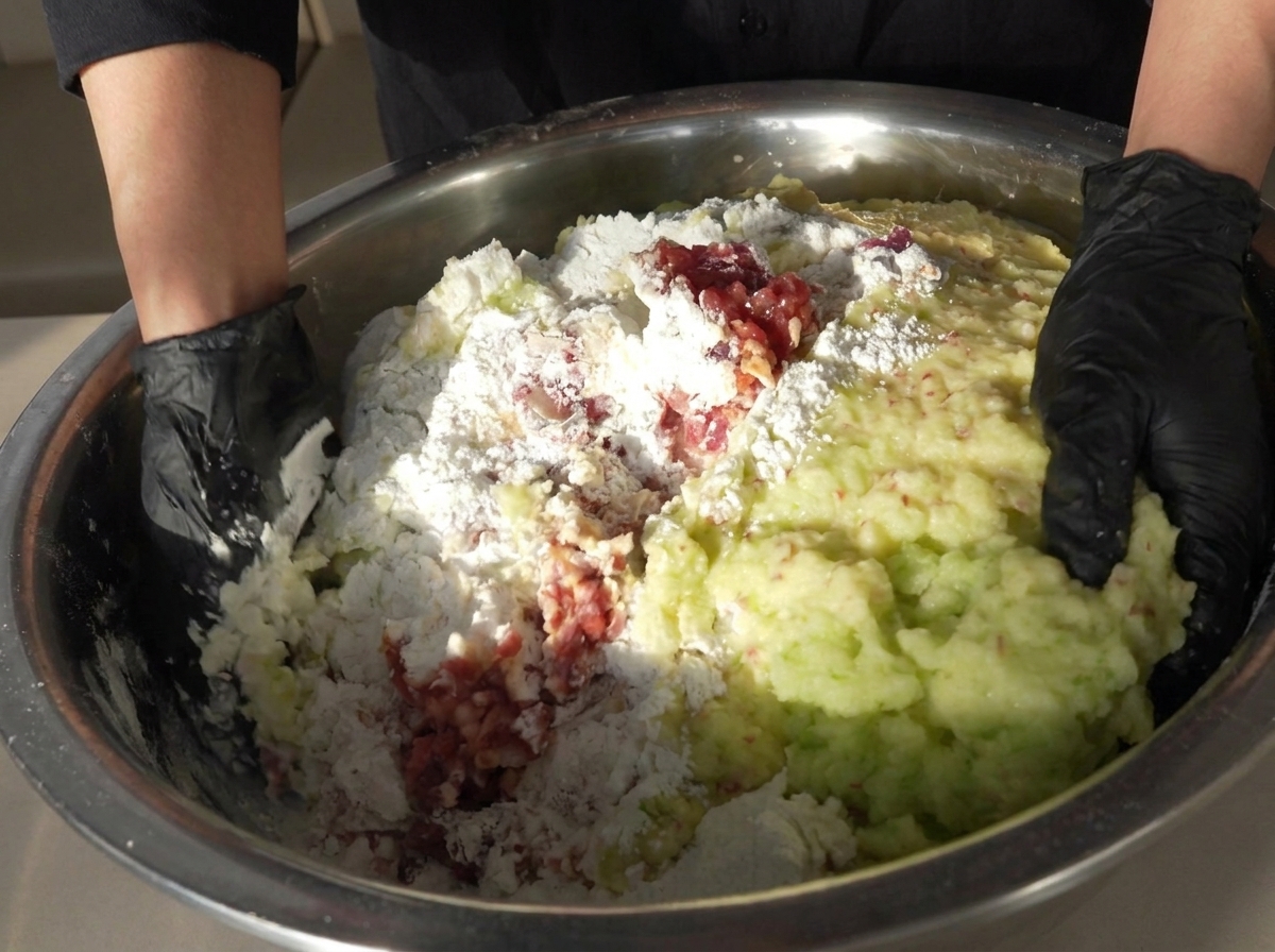 Mains gantées mélangeant la viande hachée, la fécule et la purée végétale dans un grand bol en métal.