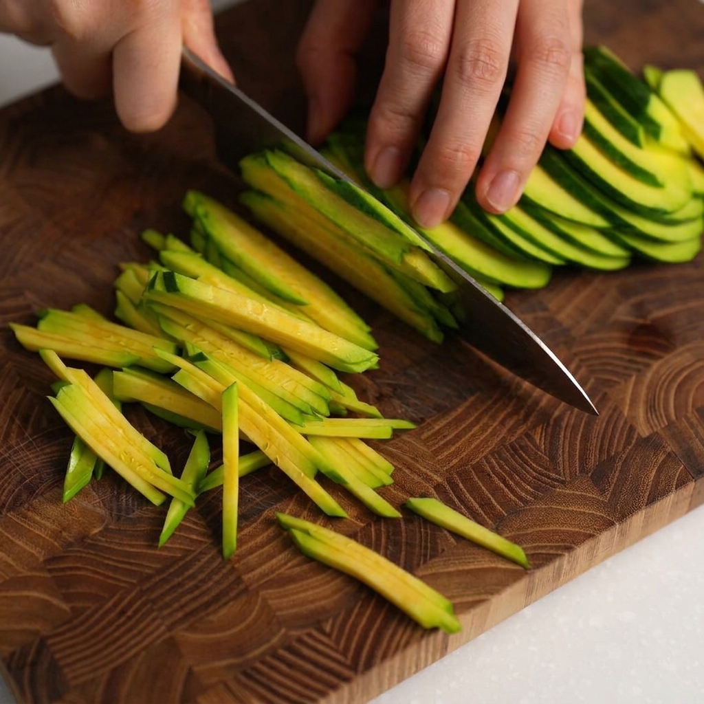 Gros plan sur une courgette fraîche coupée en fines lamelles façon julienne sur une planche à découper.