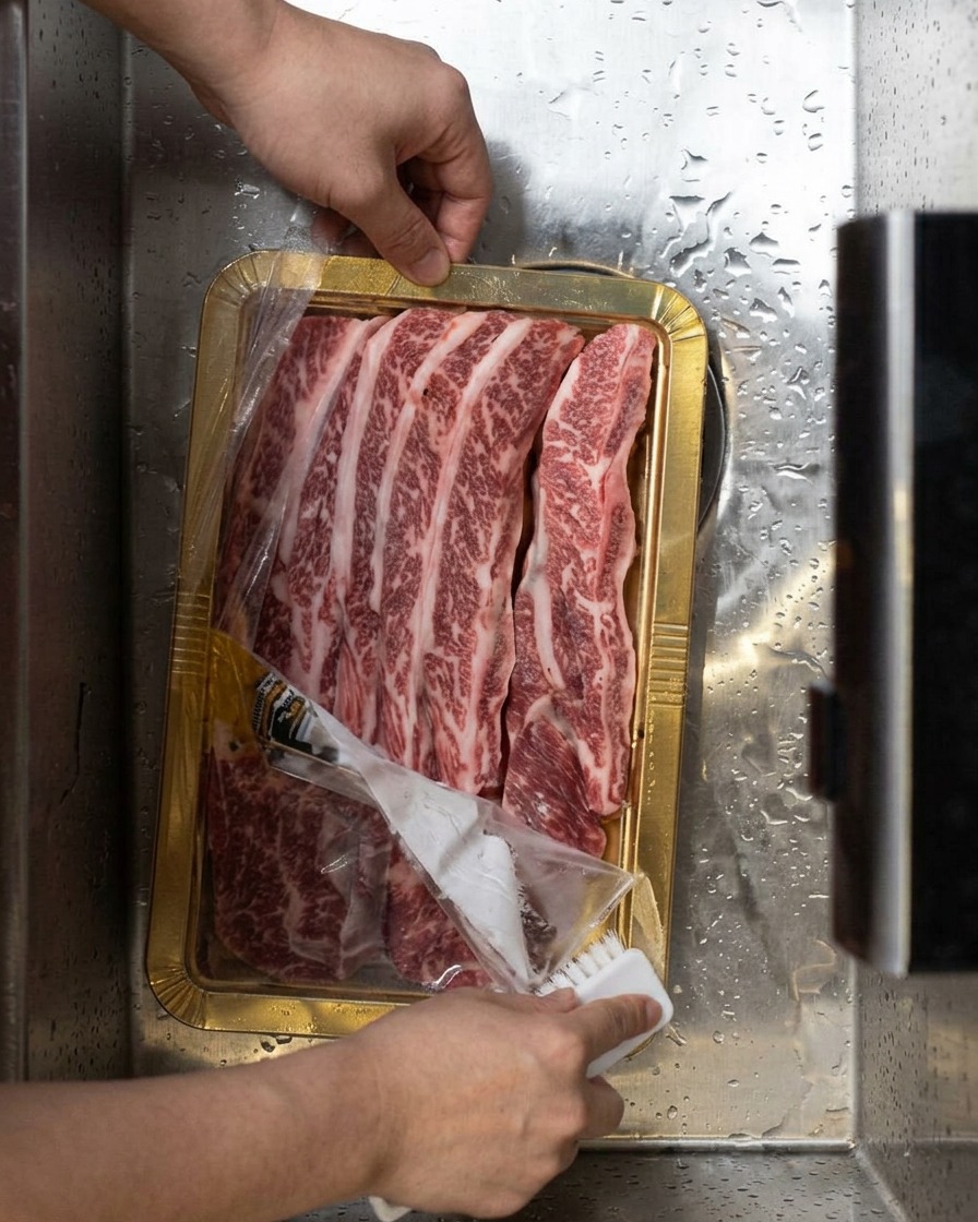 Vue rapprochée de côtes de bœuf fraîches rincées sous leau courante dans un plateau en métal.