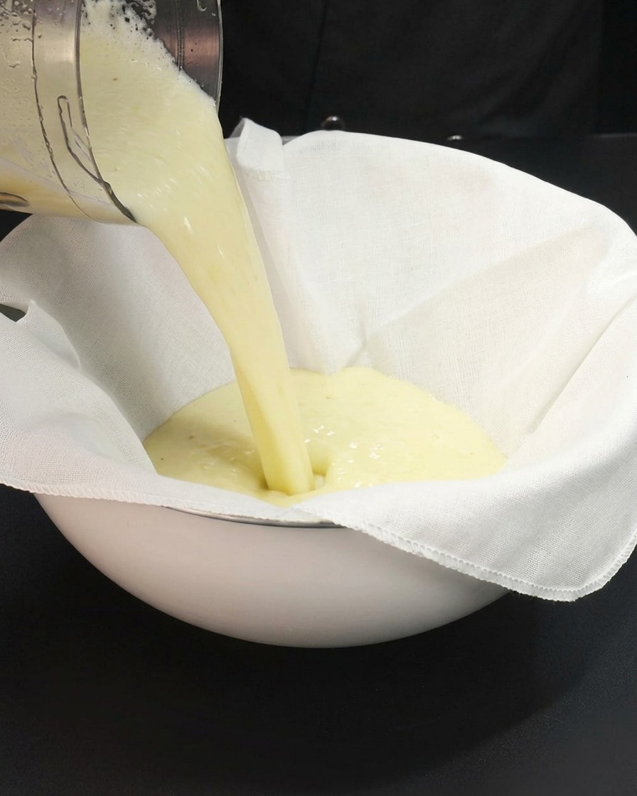 Le mélange de fruits mixés versé dans un tissu en coton blanc posé sur un bol pour filtrer.