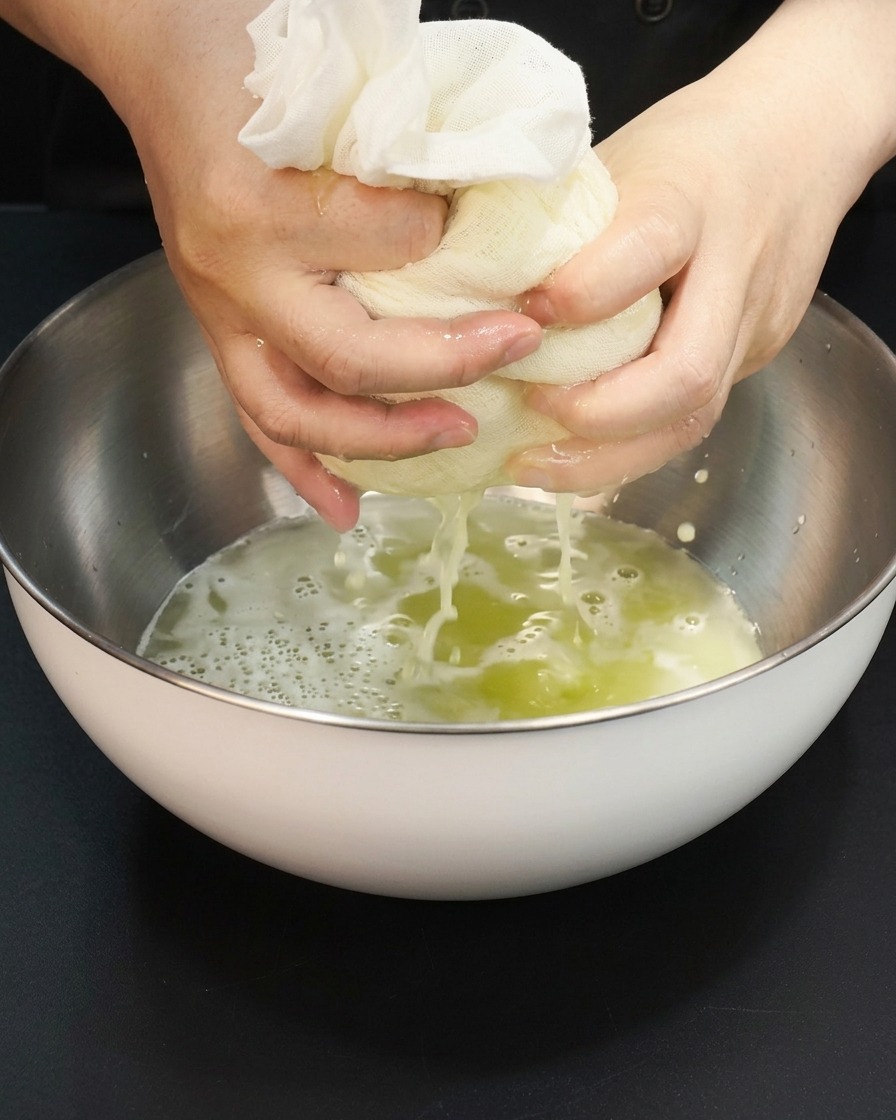 Sauce soja foncée versée dans un bol contenant la base de jus de fruits filtré pour la marinade.