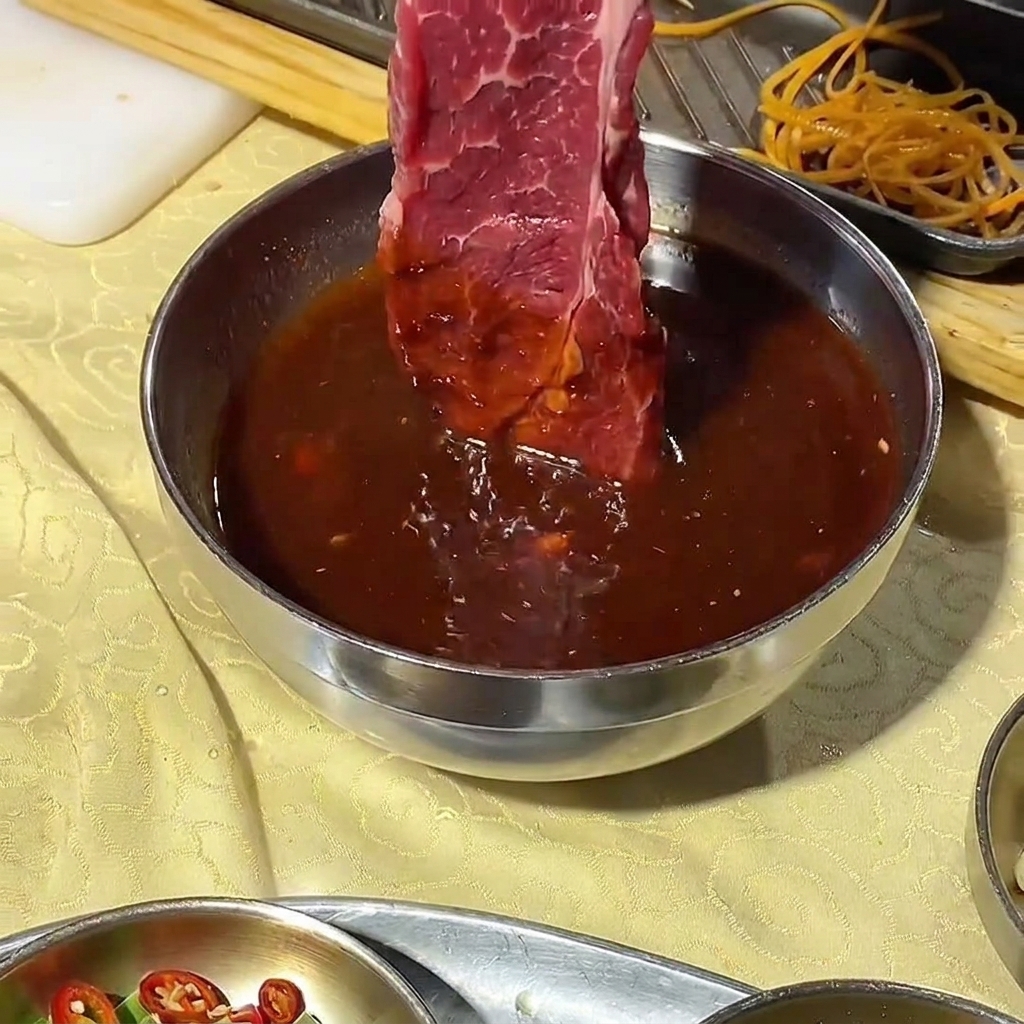 Une tranche de bœuf cru trempée dans un bol en métal rempli dune marinade sombre pour barbecue coréen.