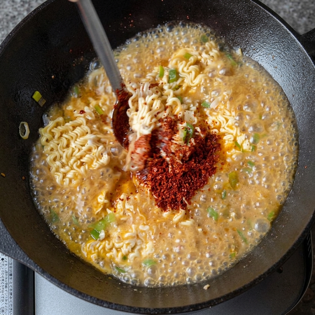 Gros plan sur les ingrédients de la sauce mélangés dans un récipient en métal avec une cuillère.