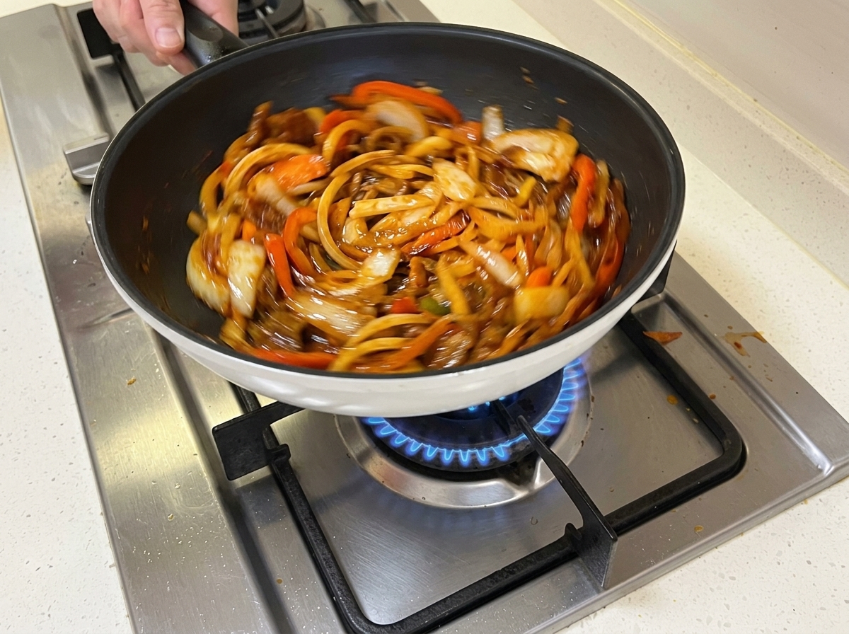 Oignons et carottes ajoutés dans la poêle avec la viande et la sauce.