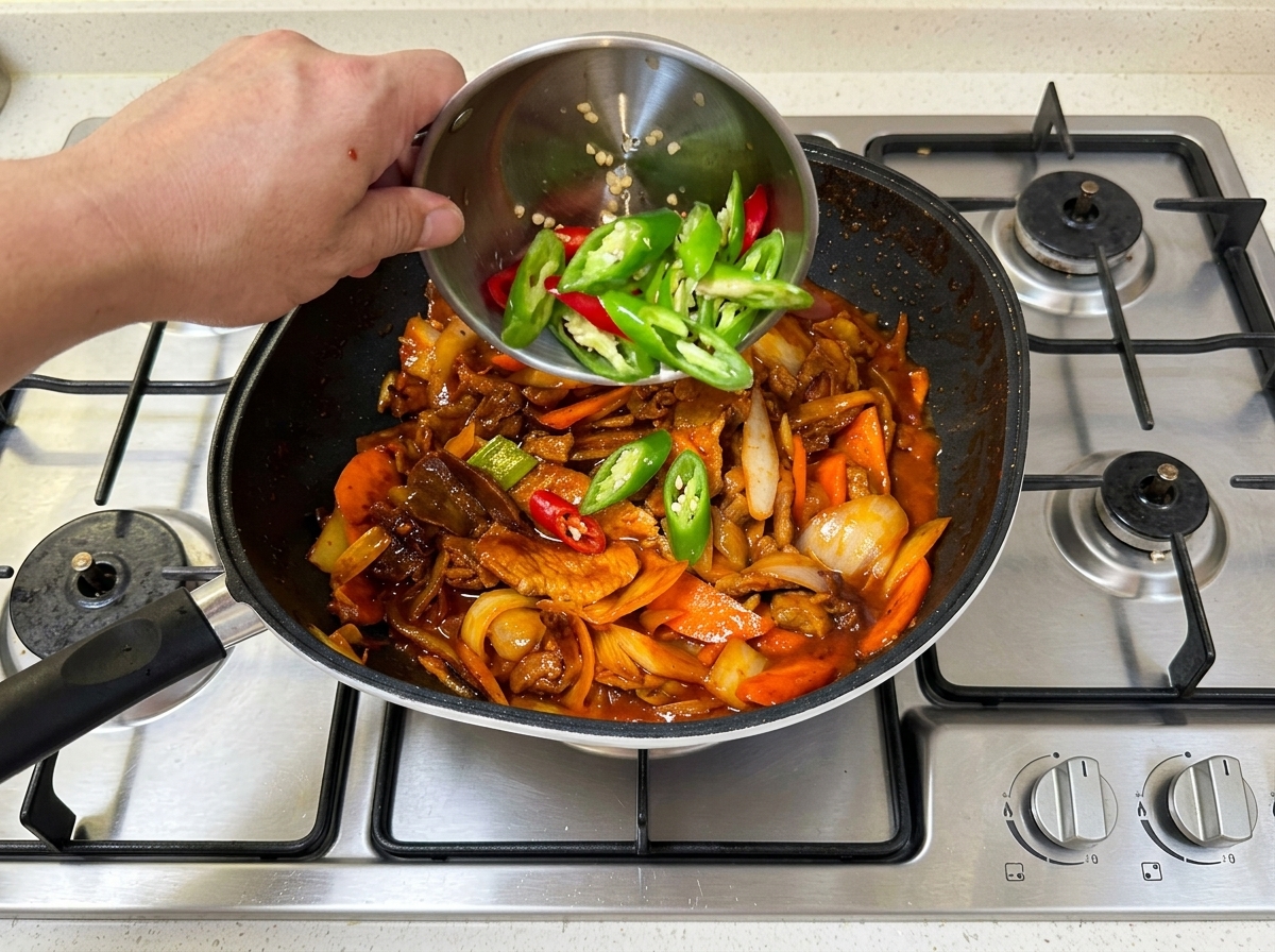 Tranches de piments ajoutées au plat avec une touche finale dhuile de sésame.