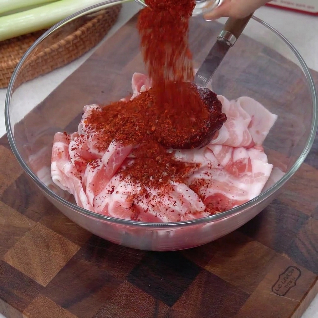 Du piment en poudre saupoudré depuis une petite cuillère sur le porc dans un bol en verre.