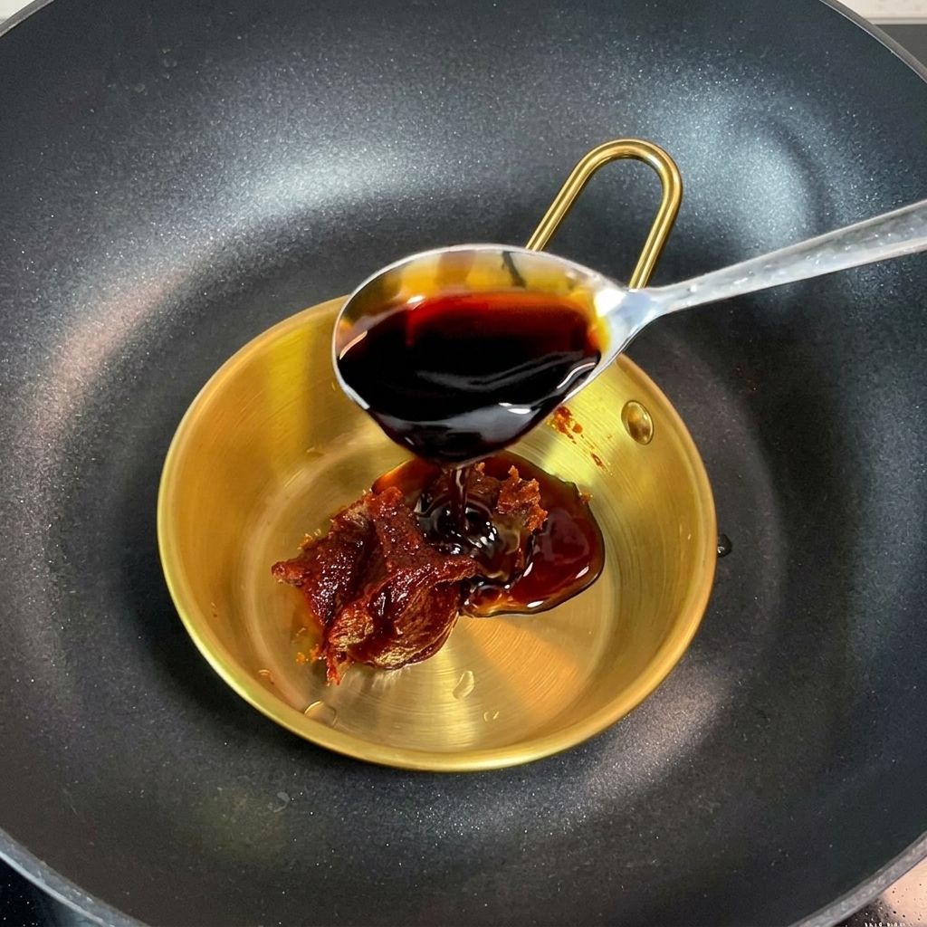 Gros plan dun bol doré contenant une sauce rouge épaisse en cours de mélange avec une cuillère en métal.