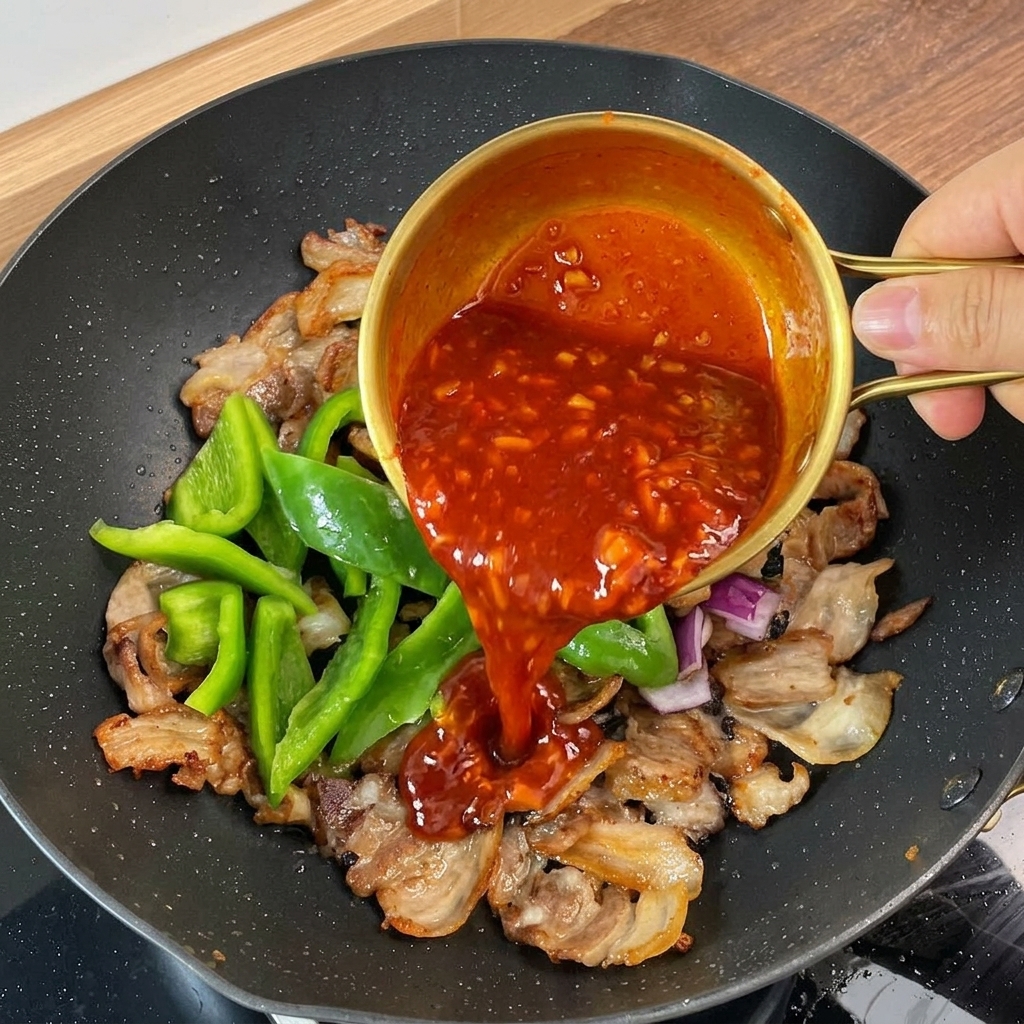La sauce rouge versée depuis un bol doré sur le porc et les légumes dans la poêle.