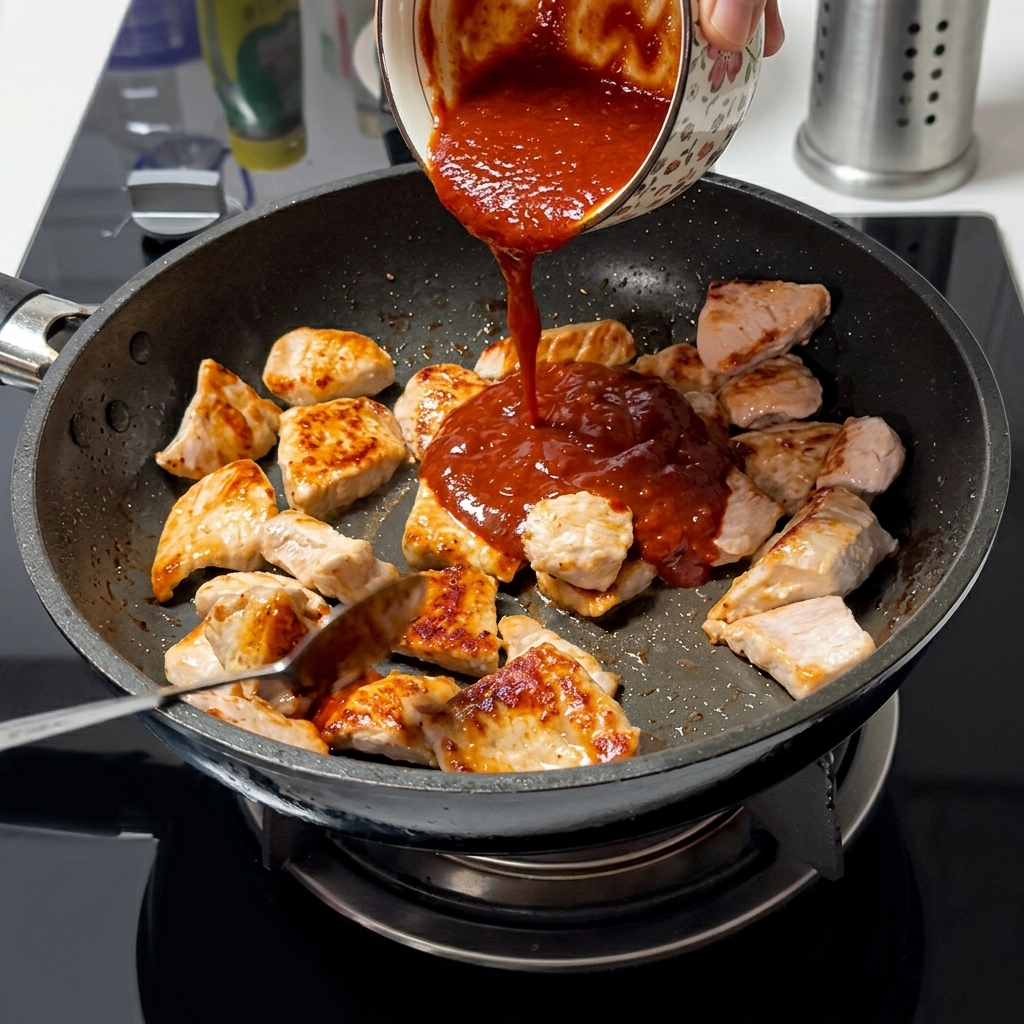 Verser une sauce au piment rouge foncé et épaisse dun petit bol à motifs sur des morceaux de porc partiellement cuits dans une poêle chaude.