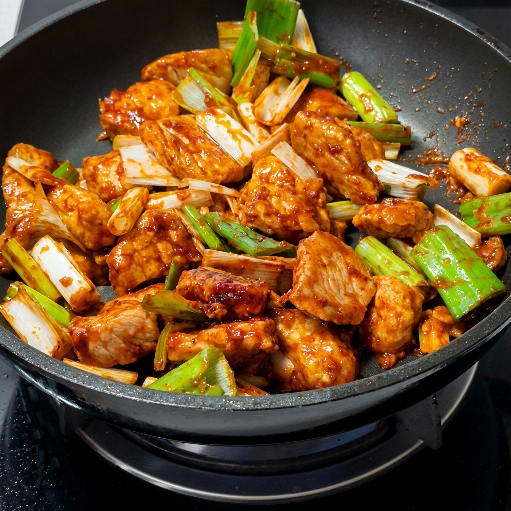 Porc sauté épicé rouge en train de cuire aux côtés de gros segments doignons verts dans une poêle noire.