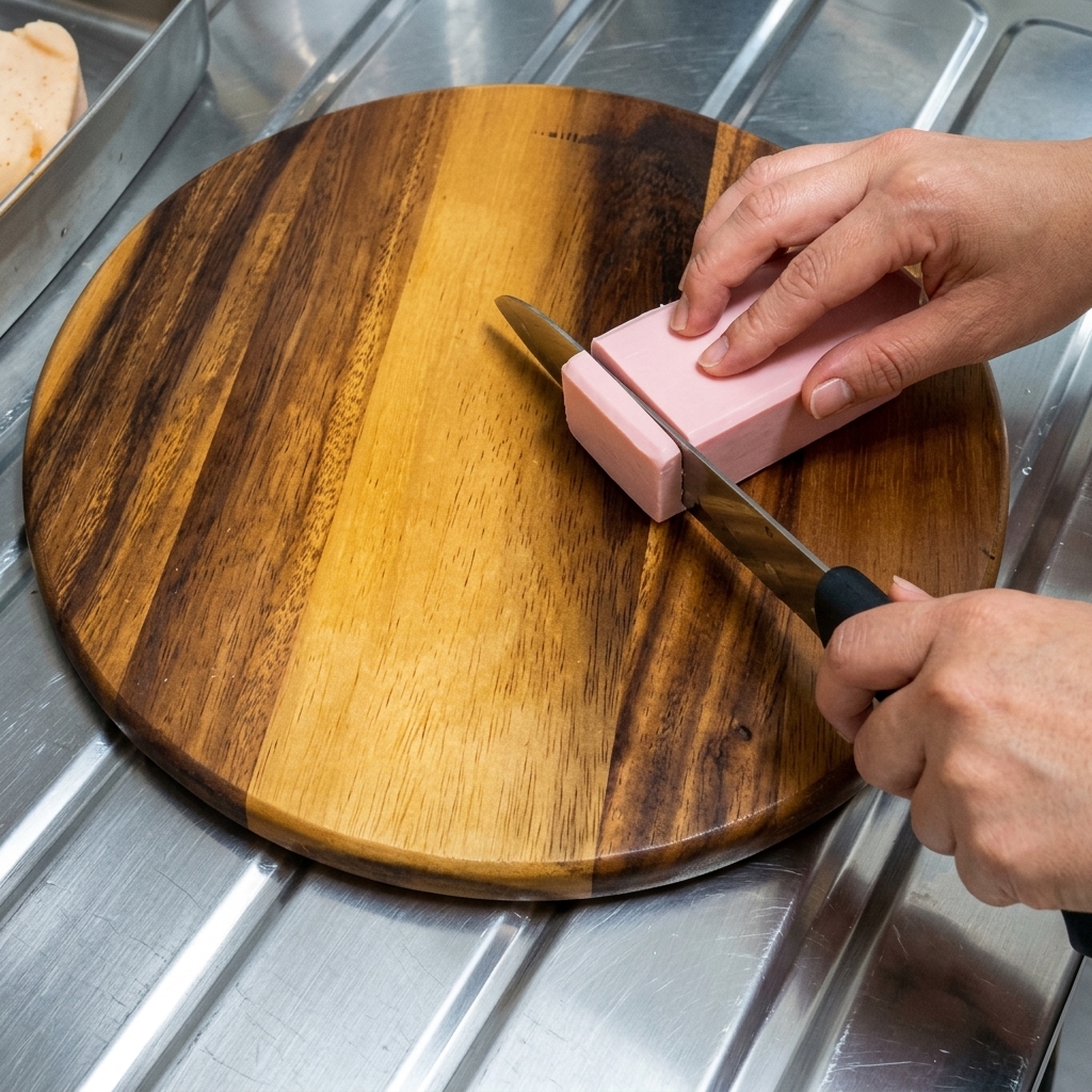 Un bloc de tofu ferme blanc découpé en morceaux uniformes sur une planche.