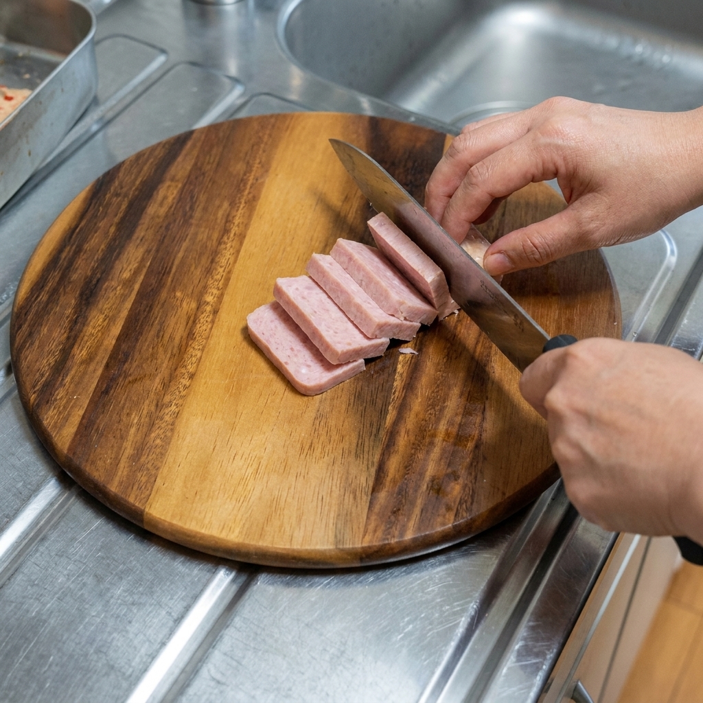 Du kimchi rouge fermenté haché en petits morceaux sur une planche à découper.
