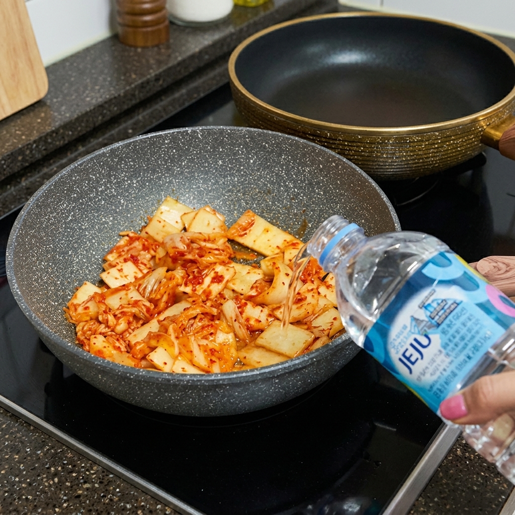 De leau versée dans la poêle contenant le kimchi sauté.